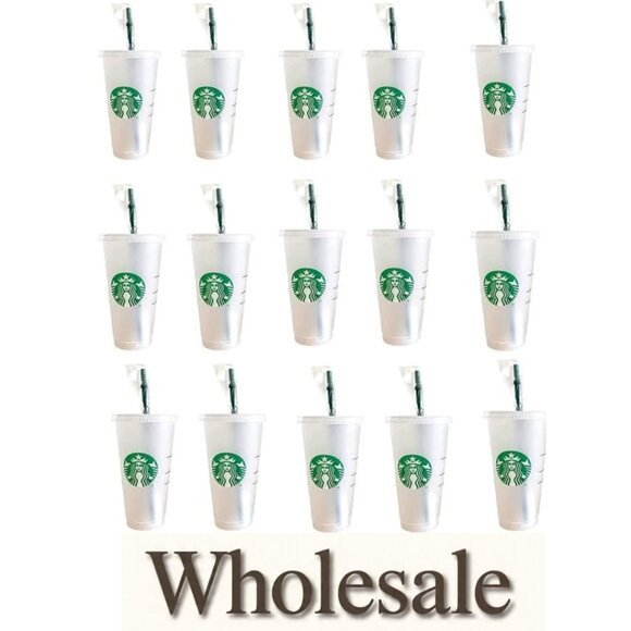 Starbucks - 1 24 oz Frosted Reusable Cold Cup with Lid and Green Straw - 15 Pack